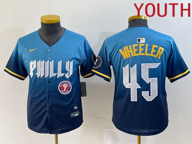 Youth Philadelphia Phillies #45 Wheeler Blue City Edition Nike 2024 MLB Jersey style 5